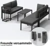A set of outdoor furniture, including a sofa, chaise lounge, and coffee table, arranged on a white background. A circular inset shows smaller views of the furniture components. Produktbild-Vorschau