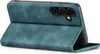 A teal flip case for a smartphone is shown from a diagonal, slightly elevated rear view. The case is open, with the front flap folded back. Produktbild-Vorschau