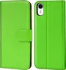 A green book-style phone case for an iPhone XR is shown from the front and back. Produktbild-Vorschau