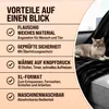 A black fleece blanket is draped over a sofa, with a cat lying on it. To the left, there is a list of product benefits with checkmarks. Produktbild-Vorschau