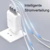 A white multi-port USB charger plugged into a wall socket, with three silver braided USB-C cables and one silver braided USB-A cable plugged into it. Blue arrows indicate power distribution. Produktbild-Vorschau