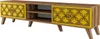 A long, low TV stand with two yellow doors featuring a geometric pattern and a wooden frame. Náhled obrázku produktu