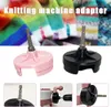A collage of images showing knitting machine adapters, with a background of colorful knitted socks. Produktbild-Vorschau