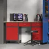 A workshop scene with a workbench, storage cabinets, and oil containers. Produktbild-Vorschau