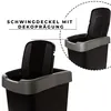 Close-up views of a black trash can with a silver rim and a swing lid, with text highlighting a feature. Produktbild-Vorschau