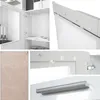 A collage of images showing different details of a white and bordeaux cabinet, including its interior, hinges, and handle. Produktbild-Vorschau