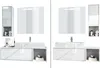 A split image showing two identical white bathroom vanity sets, each with a sink, mirror, and cabinet. Produktbild-Vorschau