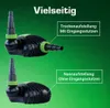 Two identical water pumps are shown, one with input nozzles attached and the other without, illustrating different setup options. Produktbild-Vorschau
