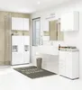 A modern white bathroom with various storage cabinets and a sink. Produktbild-Vorschau