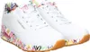 A pair of white Skechers sneakers with a colorful, abstract pattern on the sole and lining. Náhled obrázku produktu