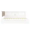 A white bed frame with a beige upholstered headboard and a slatted mattress base, shown against a white background. Produktbild-Vorschau