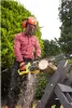 A man is using a chainsaw to cut a log in a garden setting. Anteprima dell’immagine prodotto