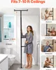 A woman is demonstrating a floor-to-ceiling grab bar in a bathroom, with inset images showing its use in different rooms. Voir les images du produit