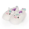 A pair of white, fluffy unicorn slippers on a white background. Produktbild-Vorschau