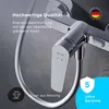 Close-up of a chrome shower faucet with text overlays highlighting quality and warranty. Produktbild-Vorschau