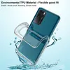 A clear phone case is shown partially covering a teal smartphone, with water splashes around it. Produktbild-Vorschau