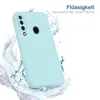 A light blue phone case is shown with water splashing around it, suggesting a water-repellent feature. Produktbild-Vorschau