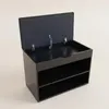A black shoe cabinet with an open lid, showing two shelves inside. Náhľad obrázku produktu