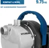 Close-up of a HYUNDAI garden pump with a blue handle and text overlays. Produktbild-Vorschau