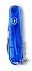 A close-up, top-down view of a blue transparent Swiss Army knife. Produktbild-Vorschau