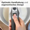 A hand is shown operating a hand mixer, with text overlay indicating optimal handling and ergonomic design. Produktbild-Vorschau