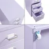 A collage of four images showing different angles and details of a lavender-colored filing cabinet with drawers. Voir les images du produit