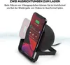 A smartphone is shown charging on a wireless charging stand, with text indicating dual charging orientations. Produktbild-Vorschau