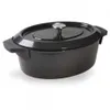 A dark gray oval cast iron pot with a lid and a silver knob, shown on a white background. Produktbild-Vorschau