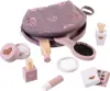 A collection of toy makeup items, including a cosmetic bag, brush, perfume bottle, nail polish, lipstick, mirror, and makeup palette, arranged around the open bag. Podgląd zdjęcia produktu