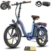 A blue electric bicycle with brown accents, shown from a front-side angle, with accessories like a lock and bag in the background. Produktbild-Vorschau