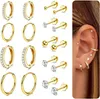 A collage of gold earrings and a close-up of a woman's ear with multiple piercings adorned with earrings. Anteprima dell’immagine prodotto