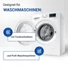 A white washing machine with its door open, set against a tiled background. Text overlays and icons highlight features. Produktbild-Vorschau