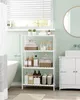A white shelf unit filled with bathroom products is positioned next to a bathtub and a vanity in a bathroom. Produktbild-Vorschau