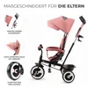 A pink Kinderkraft ASTON tricycle is shown with various features highlighted by inset images and text. Náhled obrázku produktu