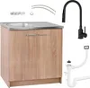 A kitchen cabinet with a sink, faucet, and plumbing accessories, presented against a white background. Produktbild-Vorschau