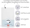 A white baby crib sheet is shown next to a series of icons and text describing its features. Produktbild-Vorschau