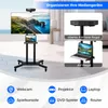 A TV stand with a TV, laptop, and camera on it, with icons and text describing its features and uses. Náhled obrázku produktu