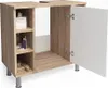 A bathroom vanity cabinet with an open door, showing shelves with toiletries and a brush. Náhled obrázku produktu