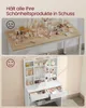 A split image showing a messy desk with makeup products on the top and an organized makeup vanity on the bottom. Produktbild-Vorschau