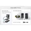 Marketing image showing features of a power bank, including pass-through charging and the ability to charge two devices simultaneously. Náhled obrázku produktu