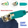 A collage of images showing an electric fabric cutter and its details. Produktbild-Vorschau