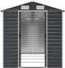 A dark gray metal shed with double doors open, showing the interior structure. Náhled obrázku produktu