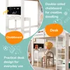 A collage of images showing a white bunk bed with a desk and chalkboard, featuring a child sitting at the desk. Produktbild-Vorschau