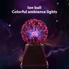 A plasma ball with colorful light streams emanating from the center, placed on a dark, geometric stand against a dark, abstract background with lightning effects. Podgląd zdjęcia produktu