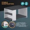 A 3D rendering of a modern white and gray coffee table with shelves, presented against a dark background with marketing text and icons. Produktbild-Vorschau