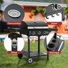 A gas grill is shown outdoors in a yard with several callouts highlighting its features. Produktbild-Vorschau