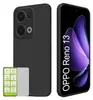 A black phone case and a screen protector are shown next to a smartphone displaying a wallpaper. Produktbild-Vorschau