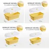 Four different views of a yellow collapsible silicone food container with a white lid, showing different dimensions. Podgląd zdjęcia produktu