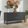 A dark gray metal TV stand with two doors is placed in a room with decorative baskets on the wall and a plant in a basket. Produktbild-Vorschau