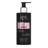 A black pump bottle of hand cream with pink and silver accents, set against a white background. Produktbild-Vorschau